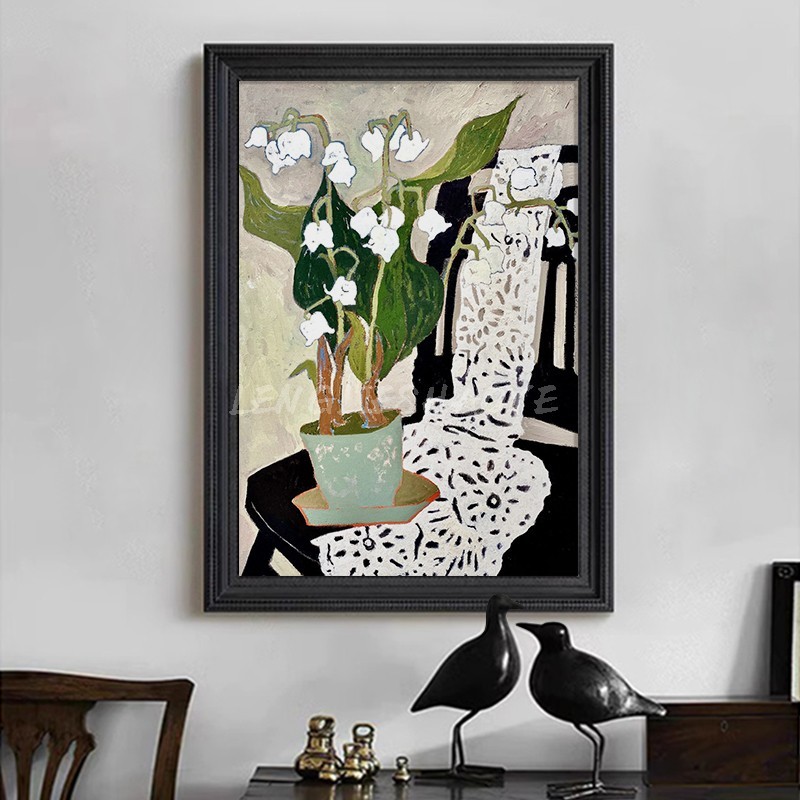 手绘油画马蒂斯静物客厅卧室装饰挂画法式黑白色花卉玄关中古摆件图片