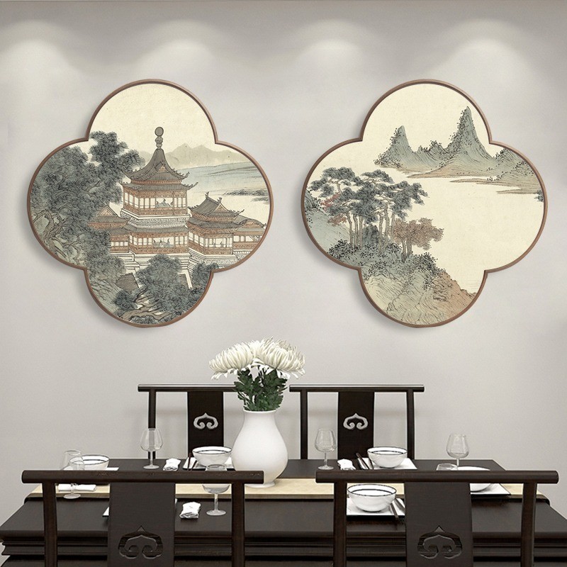 瑞鹤图四叶草形状新中式玄关装饰画客厅餐厅挂画酒店壁画山水画图片