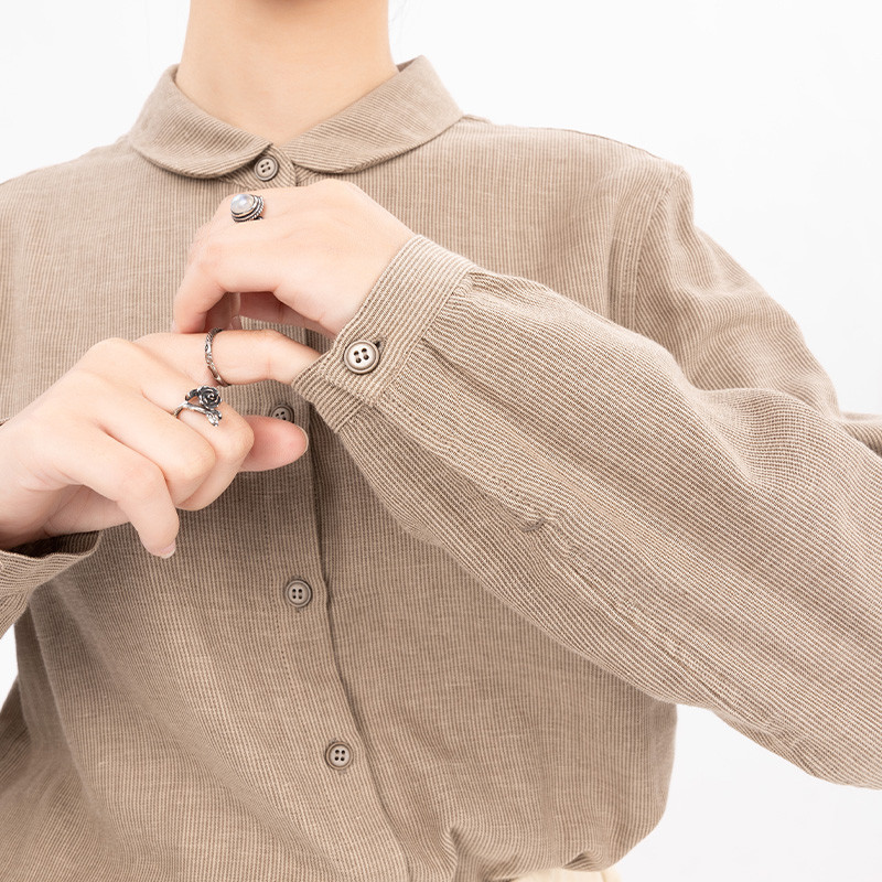 麻趣打底衬衣双层棉纱布蓝色竖条纹小圆领全棉长袖衬衫女