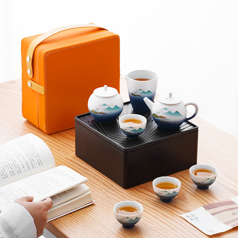 热销户外车载旅行茶具套装千里江山便携式收纳包简约泡茶壶商务礼