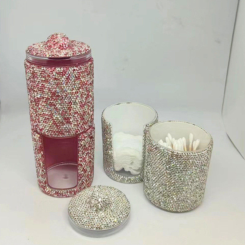 热销镶双层圆形棉签盒卸妆棉收纳盒套装跨境二合一钻桌面化妆棉收,收纳整理,桌面收纳盒,淘宝优惠券,粉丝福利购,淘宝优惠卷