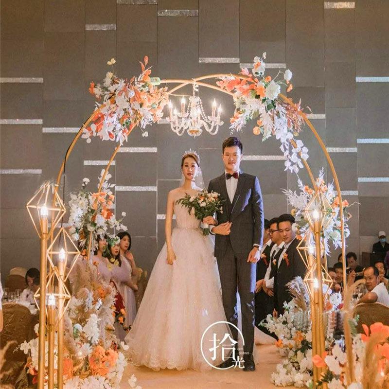 款婚庆双杆拱门铁艺架子婚礼金色u型拱门半圆单杆气球装饰道