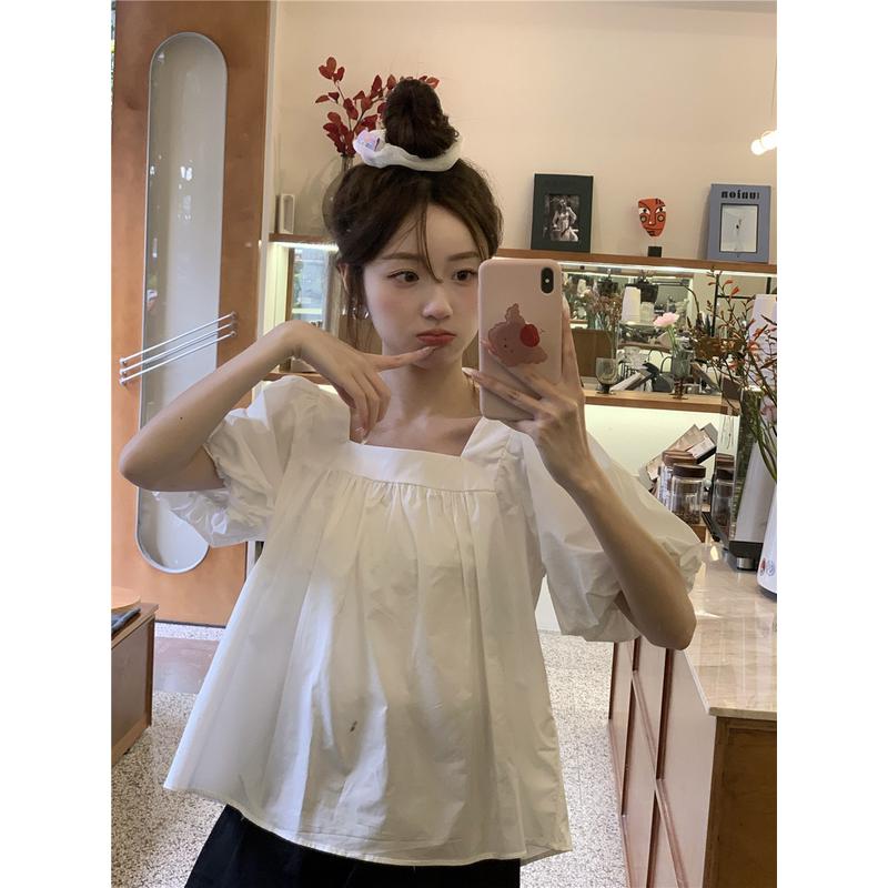 现货方领短袖衬衫女夏感宽松甜色娃娃衫泡泡袖雪纺上衣