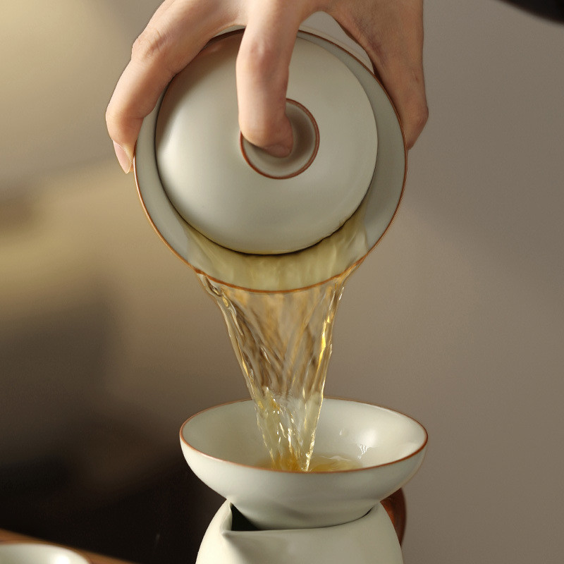 三才盖碗套装单个米黄带盖汝窑茶具茶杯茶公道杯防烫泡i