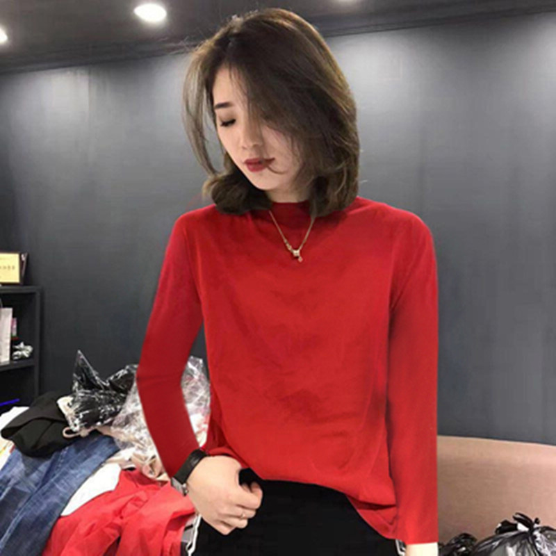 红色女春秋冬季洋气半高领衫套头薄款毛衣长袖打底衫
