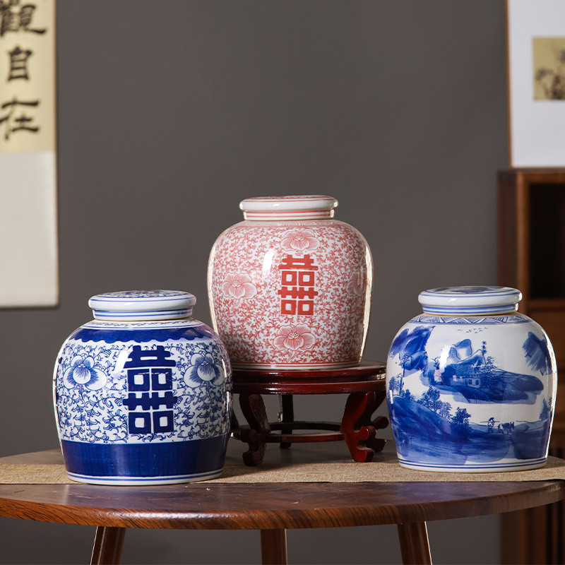 景德镇青花喜字花瓶中式水墨陶瓷摆件创意家居装饰品桌面插花瓷器
