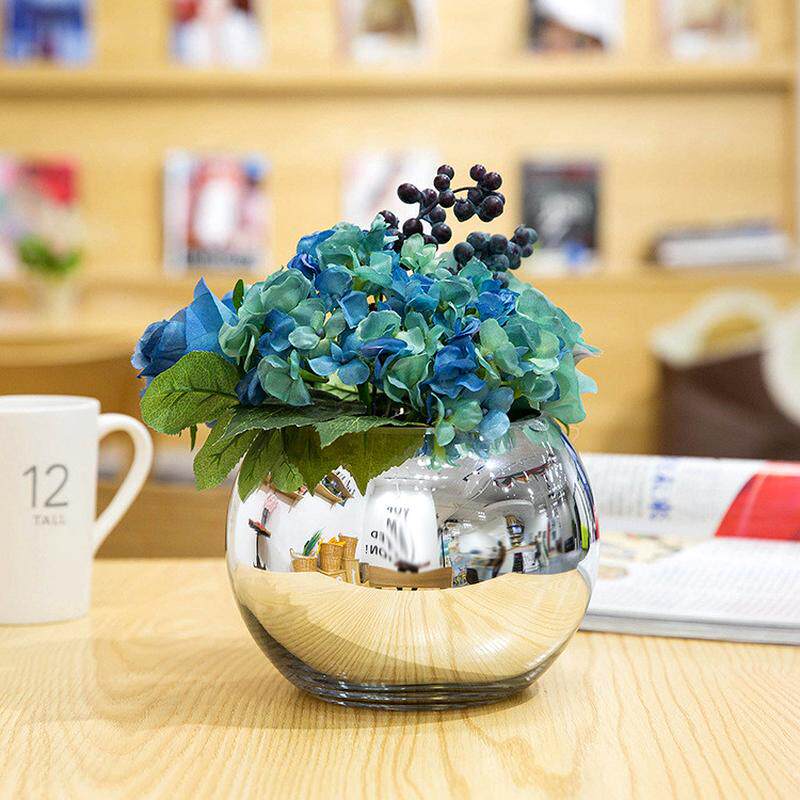 欧式电镀银色玻璃花瓶创意镜面圆球形简约现代插花器水培软装摆件