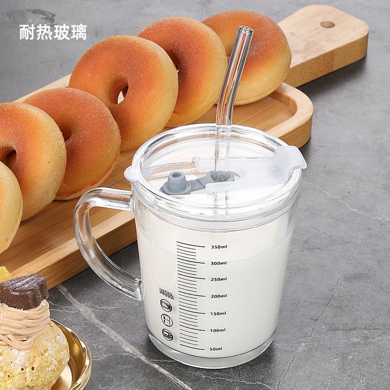 食品级玻璃水杯微波炉可加热带吸管刻度的儿童专用喝泡牛奶粉杯子