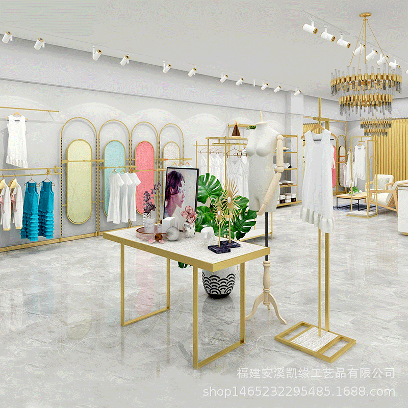 现代简约金色铁艺服装架女装店落地式双层展示架中岛架流水台组合