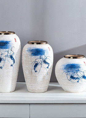景德镇手绘陶瓷花瓶摆件客厅抽象白色花瓶北欧插花干花器中式家居