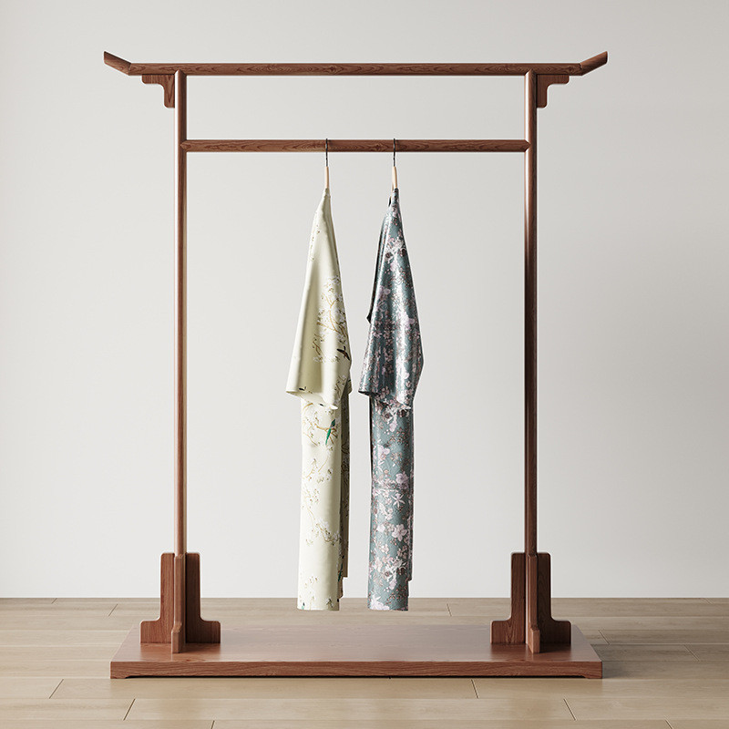 新中式秀禾双杆实木简易衣帽架落地服装店展示架茶楼卧室挂衣架