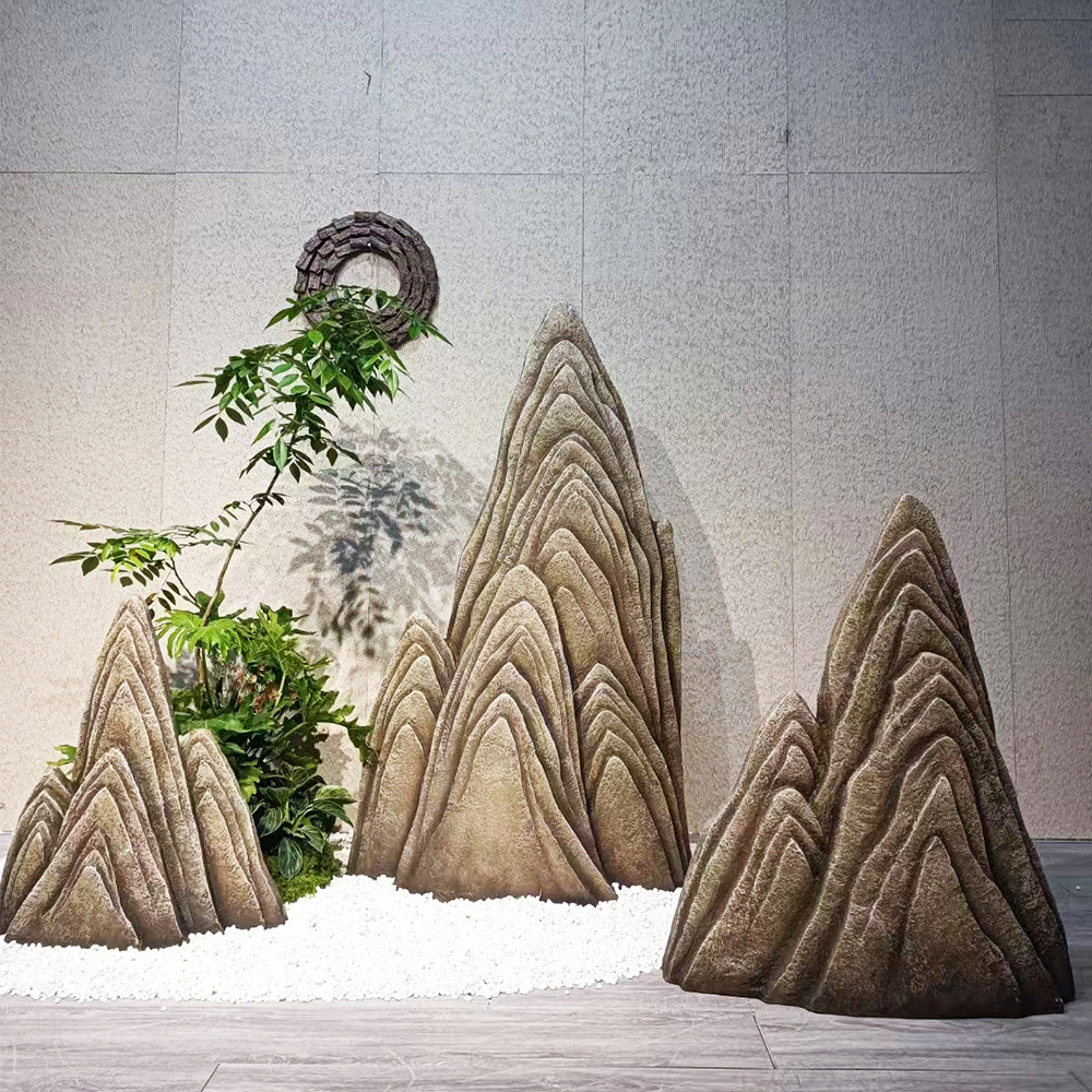 日式山水庭院装饰石仿真石头青龙泰山石山峰亮灯玄关摆件