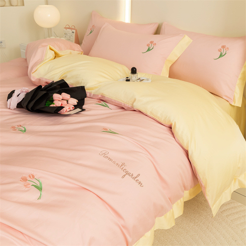 热销简约全棉居家床上用品四件套小清新宽边刺绣纯棉民宿出租屋三