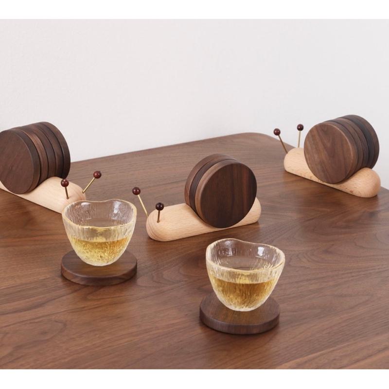 热销蜗牛杯垫创意可爱隔热防烫套装茶几木质摆件磁铁杯托茶托杯碗