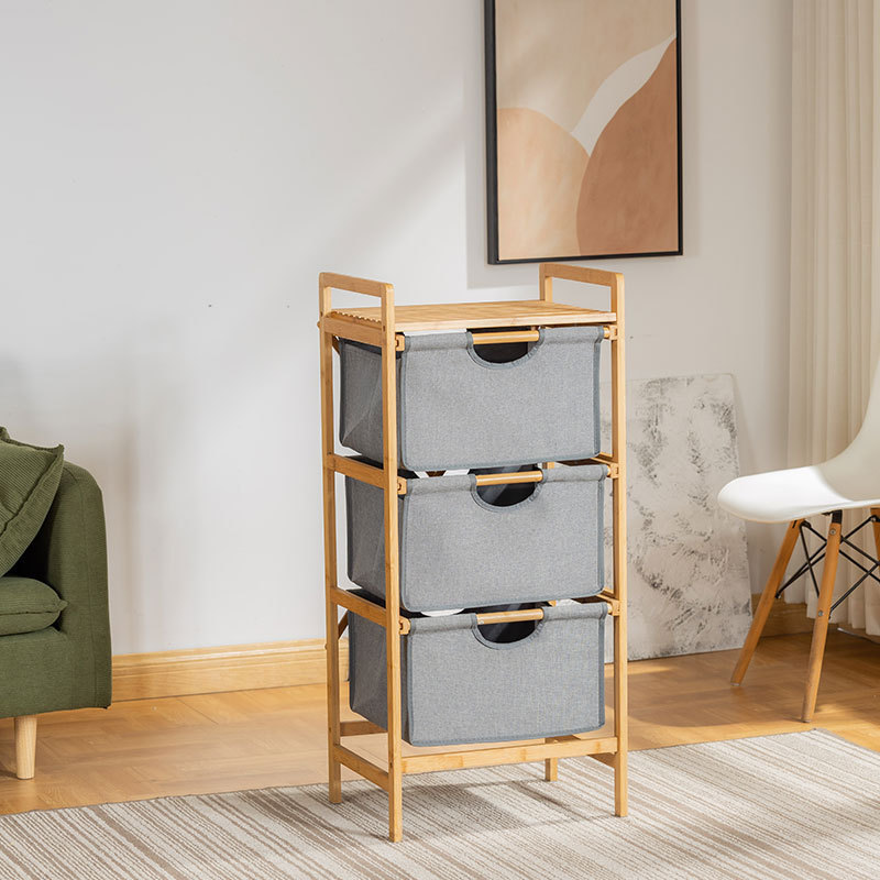 热销现代简约家居卧室用品落地竹制布艺收纳架浴室多层置物架脏衣
