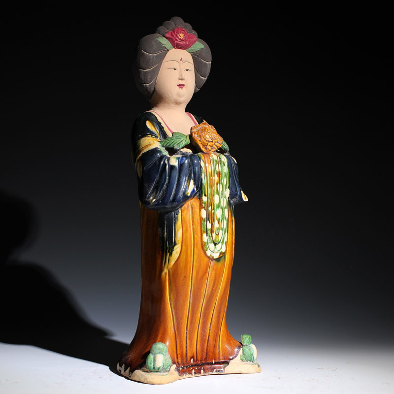 热销唐三彩仕女摆件博古架电视柜玄关陶瓷复古胖美女中式家居装饰