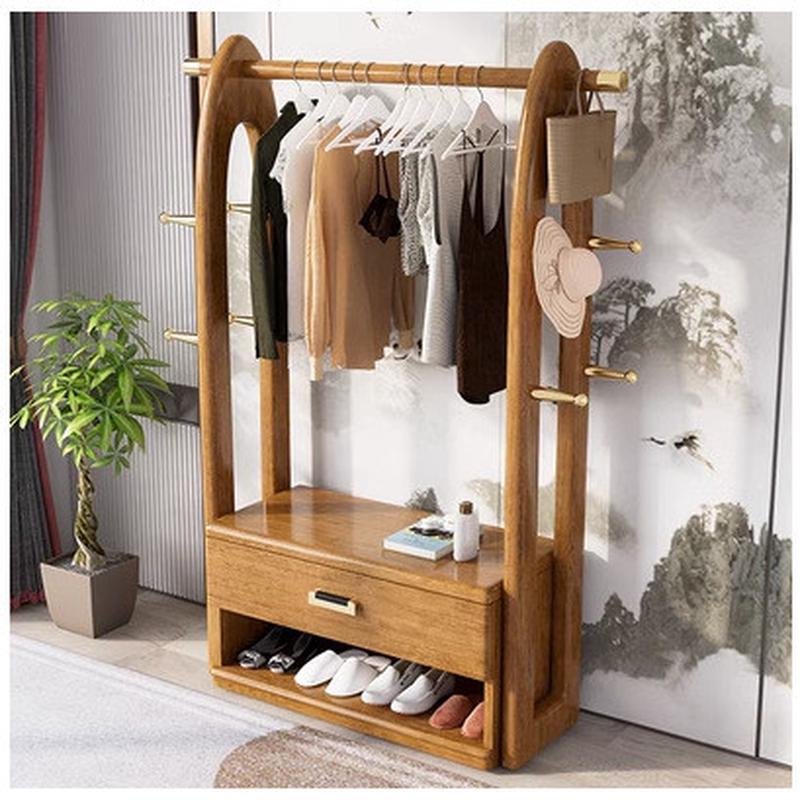 新中式实木落地衣帽架带挂衣架鞋架一体鞋柜现代中式家用置物架