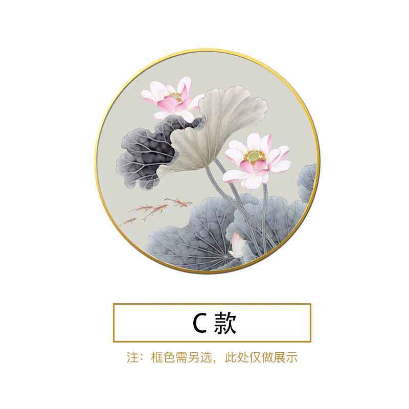 新中式荷花圆形挂画装饰画书房实木框铝合金玄关走廊壁画来图代发图片