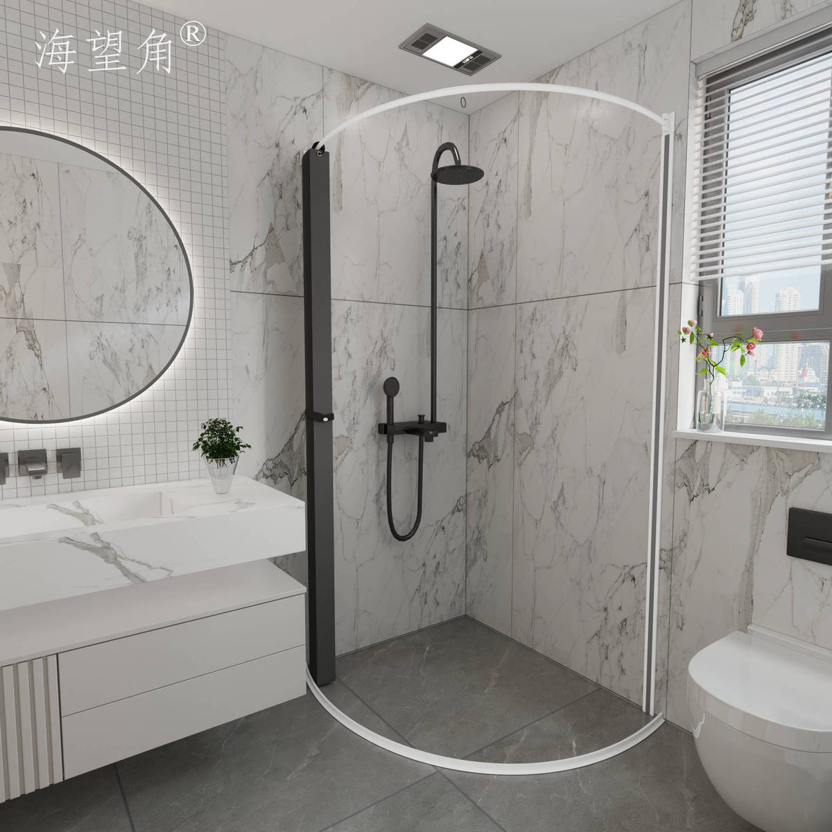 wm9a磁吸折叠浴帘卫生间浴室窗帘干湿分离套装免打孔弧形防水防霉