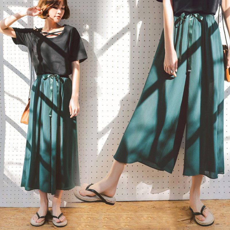 2023新款春夏季高档雪纺阔腿裤女大码胖mm韩版气质妈妈裙裤