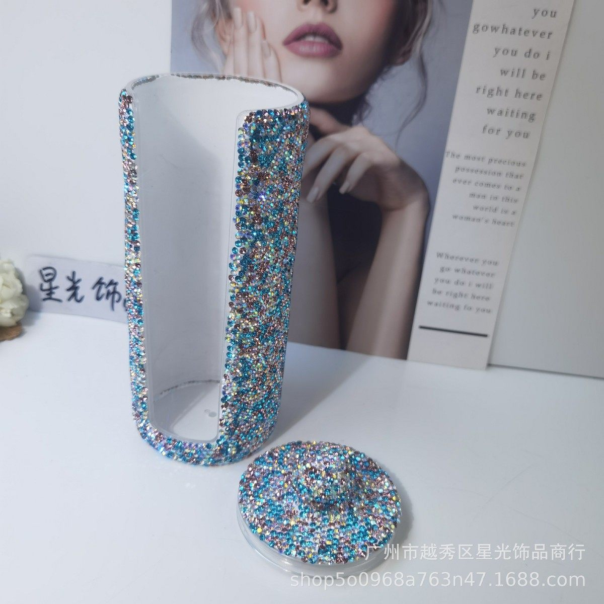 镶钻塑料高级大号化妆棉盒亚克力圆形开口棉签盒化妆工具收纳盒