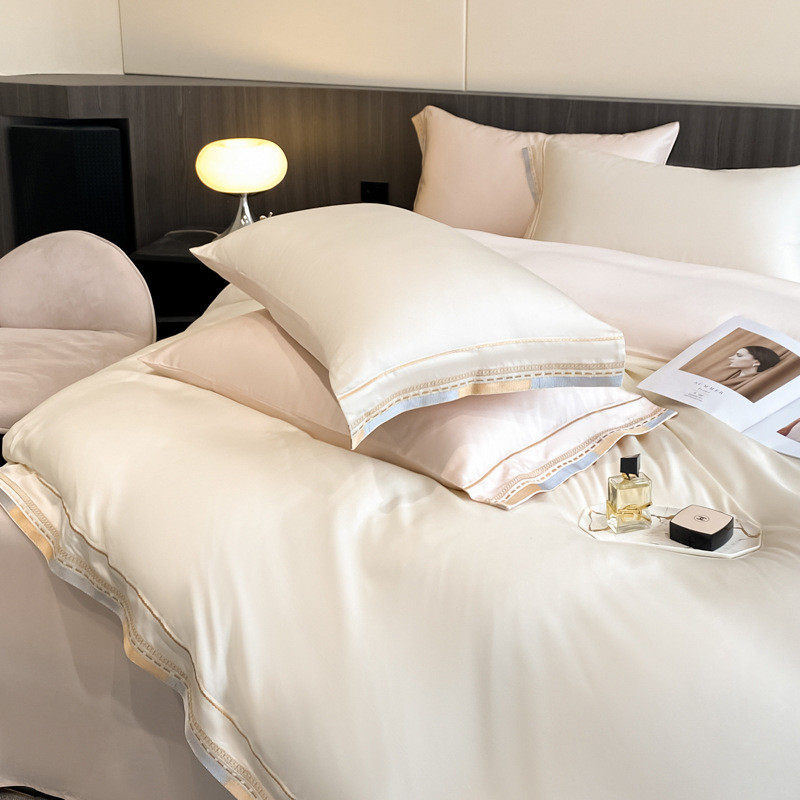 热销新款凉床上用品莱赛尔天丝四件套纯色高端刺绣冰丝被套床单感