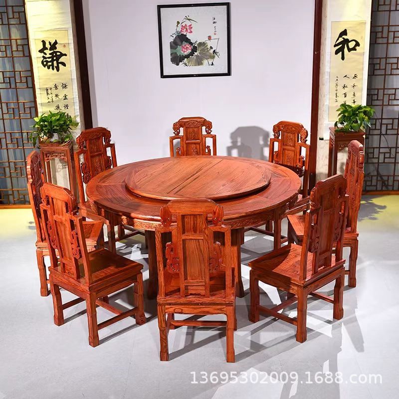 中式实木餐桌椅组合吃饭桌子酒店包厢饭店大圆桌榆木家用圆形餐厅