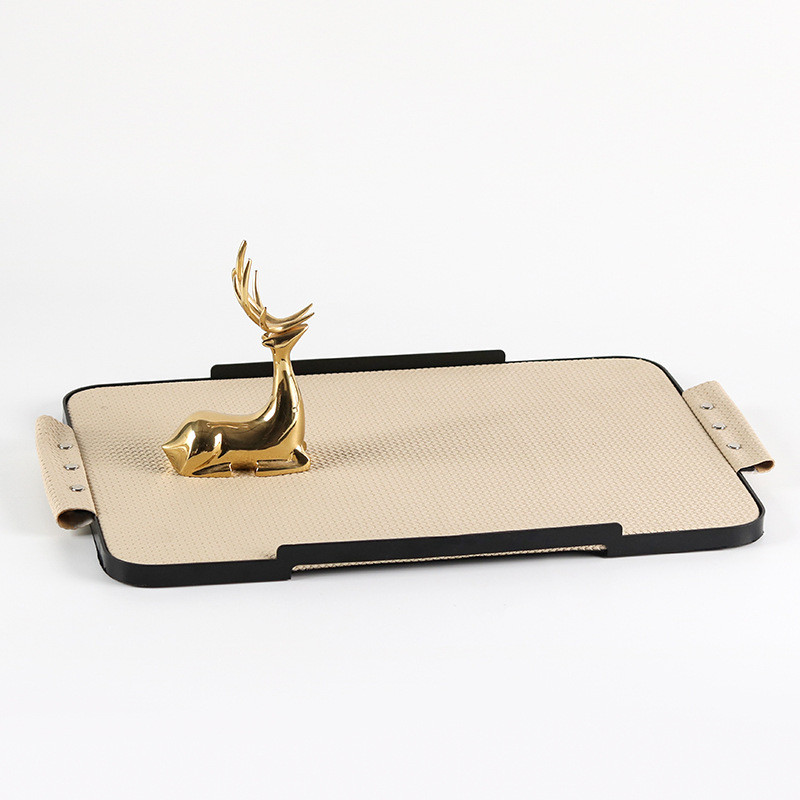 热销样板间售楼处展厅皮革托盘摆件现代桌面艺术皮质提手收纳盘装