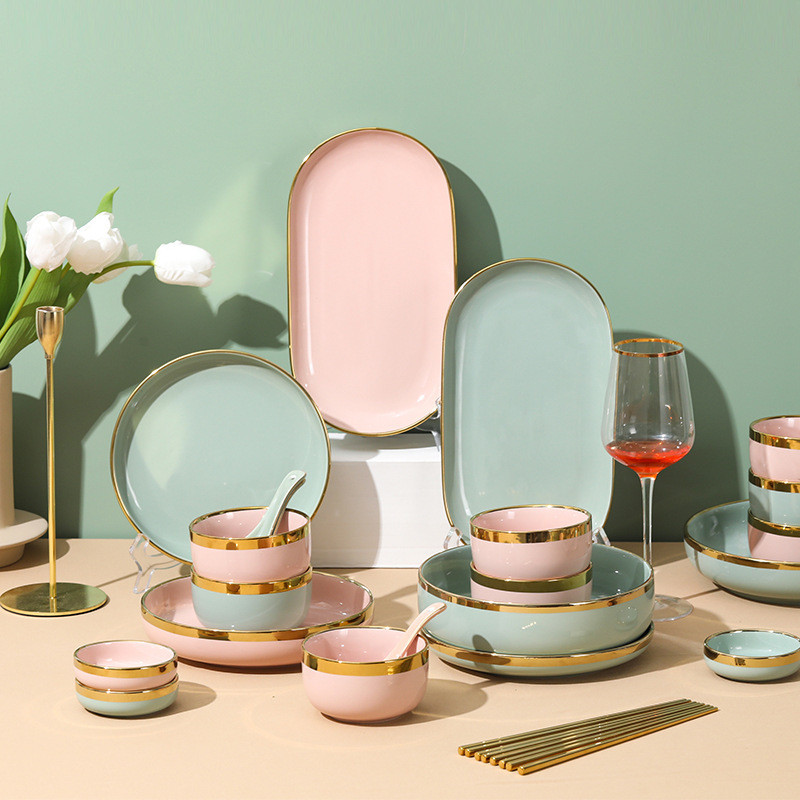 热销轻奢陶瓷餐具瓷碗盘子套装家用金边碗盘简约创意网红陶瓷碗