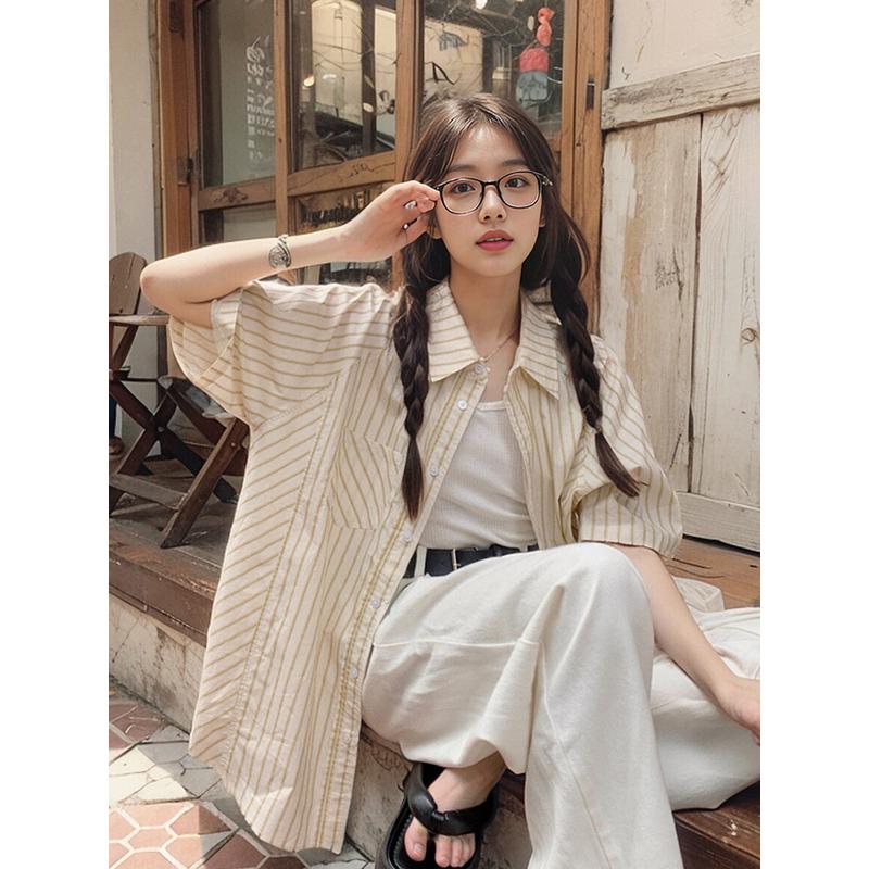 小个子日系条纹衬衫2025新款女夏季衬衣设计感宽松女