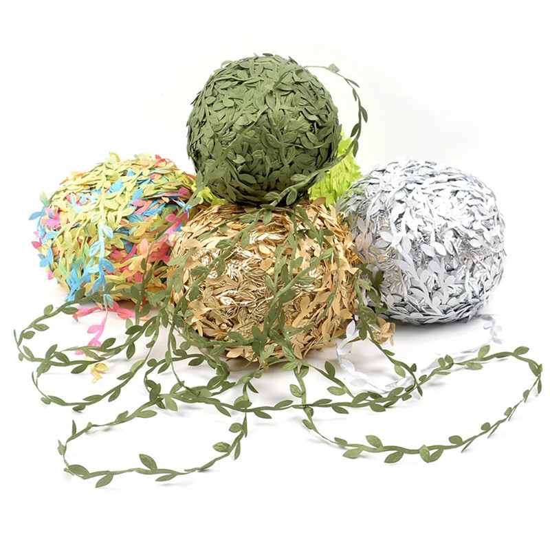 200米仿真叶子 花环装饰材料布质绿叶藤条金色银色树叶仿真花批