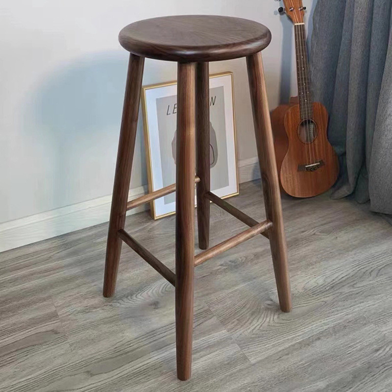厂家北美黑胡桃木简约吧台椅酒吧奶茶店实木前台凳复古高脚圆凳子