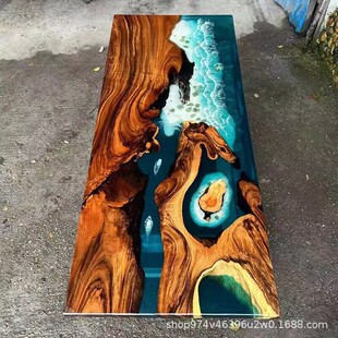 树脂河流桌实木大板桌茶桌巴新中式柚木办公桌书桌花海浪树脂