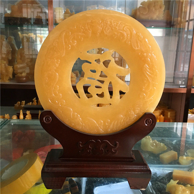 天然米黄玉玄关平安扣摆件家居福字装饰品高档商务手工艺礼品批发
