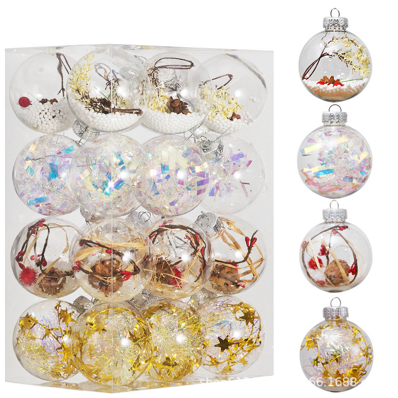 新款彩绘透明塑料圣诞球8厘米24pcs套装圣诞树挂件节庆装饰吊球