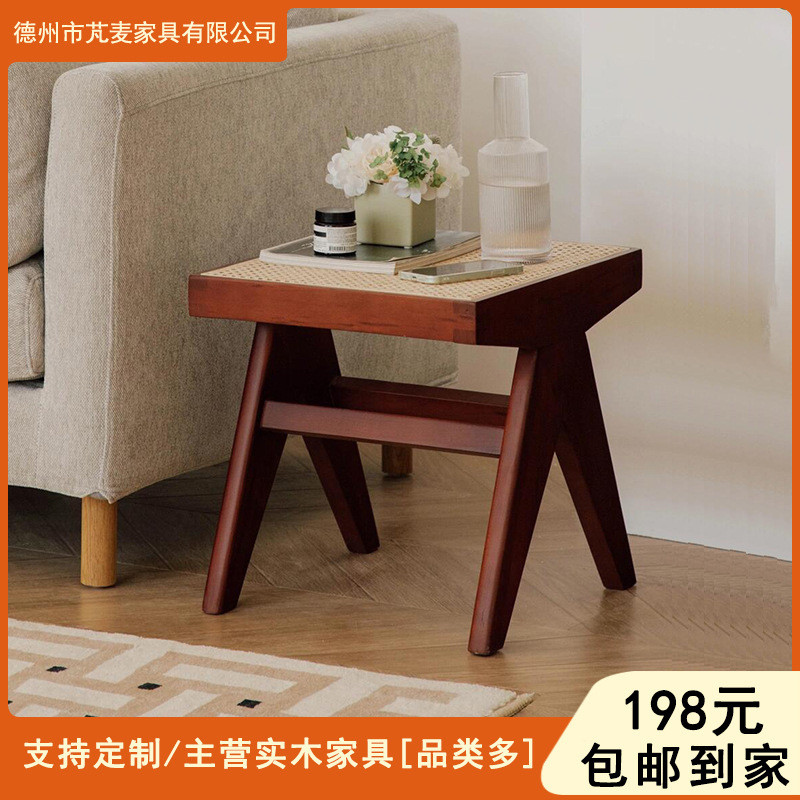 手工藤编实木方凳现代极简梳妆椅印尼藤创意时尚日式民宿餐矮凳