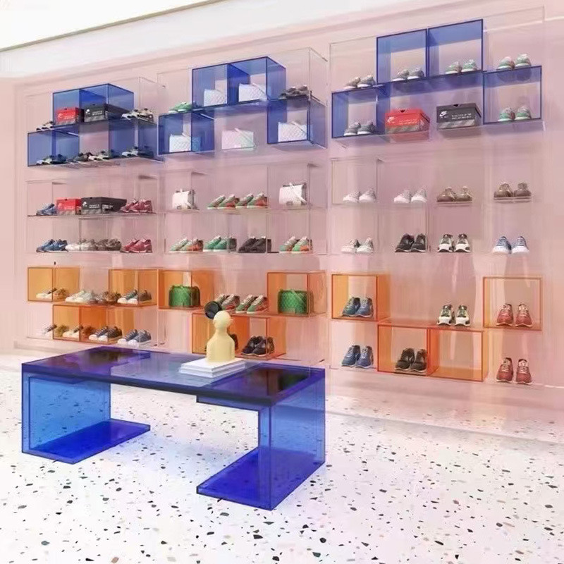 定制彩色亚克力展示盒鞋子亚克力展示架工艺拼接定制亚克力柜