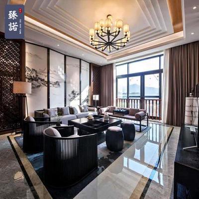 新中式实木沙发布艺组合现代客厅家用别墅民宿样板房轻奢禅意家具