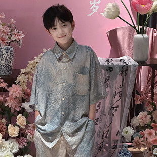 高甜梨涡男童衬衫套装晕染水墨印花夏装儿童夏季洋气长裤