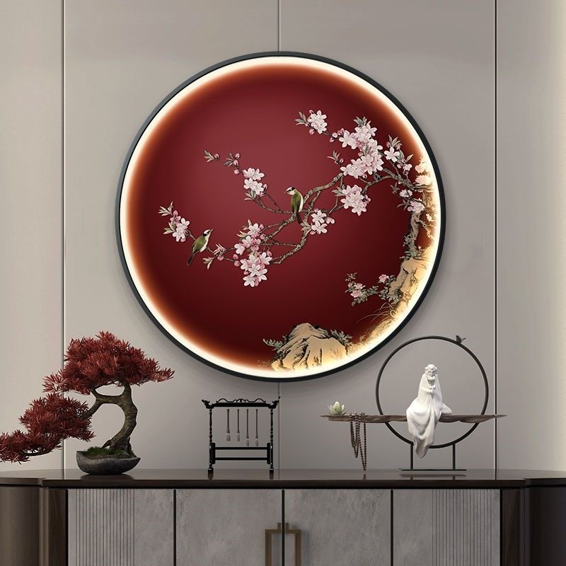新中式走廊入户玄关装饰画花鸟圆形LED发光带灯挂画书房客厅壁画图片