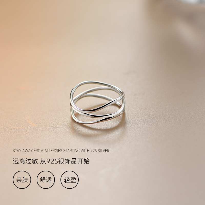 新品925纯银戒指女夏季小众设计新款简约几何线条食指戒指环潮
