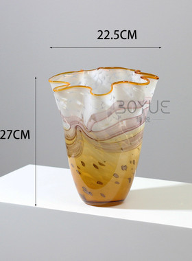 橘风不规则花瓣口琉璃花瓶重工琥珀中古渐变褶皱大口径花软装摆件