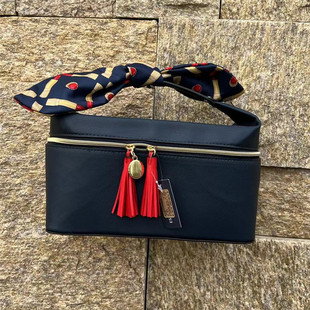 包邮!雅诗兰黛冬季新款深蓝色化妆箱丝带手提收纳箱大容量化妆包