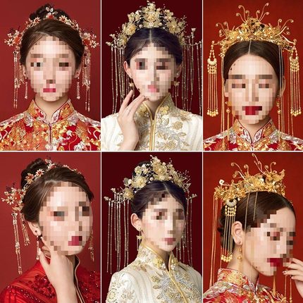 现货头饰新娘秀禾秀禾服新款凤冠女中式结婚金色发饰大气婚礼流苏