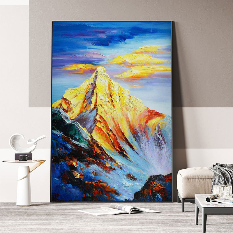日照金山银山手绘油画客厅挂画风水画山水靠山图入户玄关装饰画