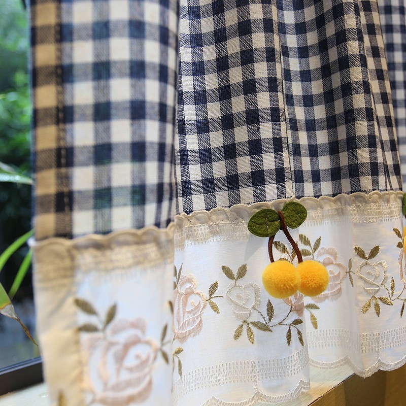 深蓝小格樱桃半帘窗帘门帘美式杆穿乡村咖啡帘柜帘遮挡帘