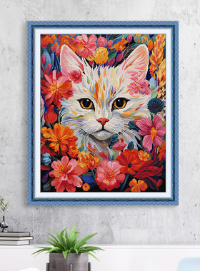 nkf十字绣线绣动物系列diy刺绣材料包中的猫咪花丛客厅装饰厂家批