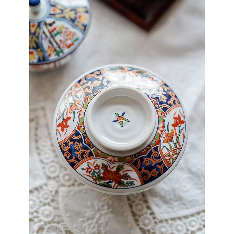 热销miyabikaido/美浓烧/锦金彩草花纹平蒸物盖碗