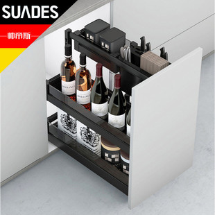 新品 升级厨房橱柜玻璃拉篮铝合金阻尼导轨模块组合移动调味品篮