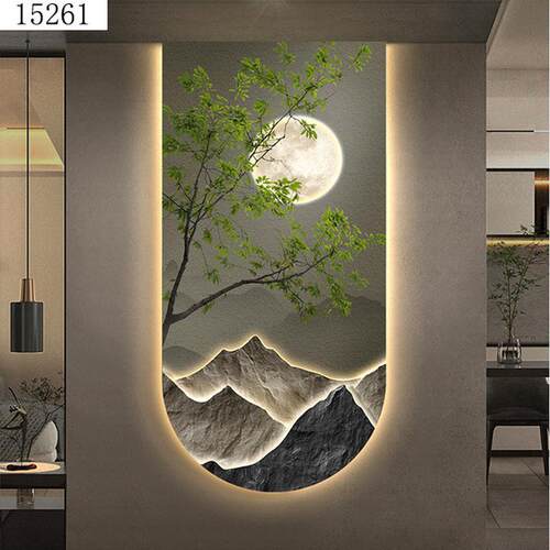 山水绿植玄关装饰画简约大气寓意好壁画瓷晶镶钻画高档挂画灯画